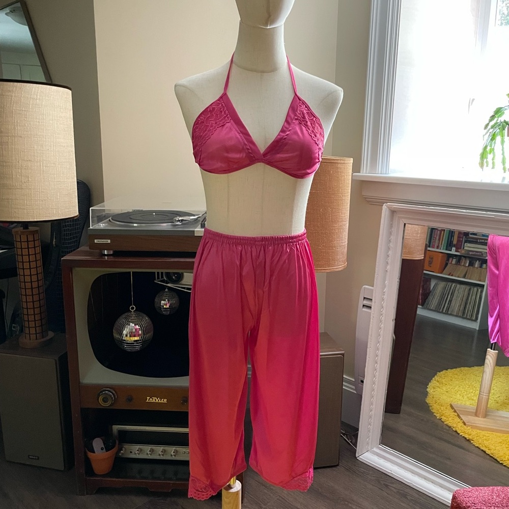 3 Piece Pink Halter Bralette, Top and Pant Set